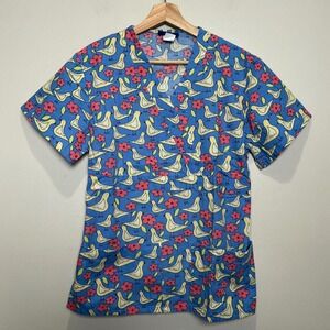 Med Wear Scrub Top Mock Wrap Womens Small Blue Bird Floral Medical Nurse